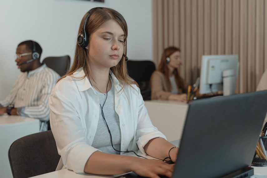 Women working at a call center office