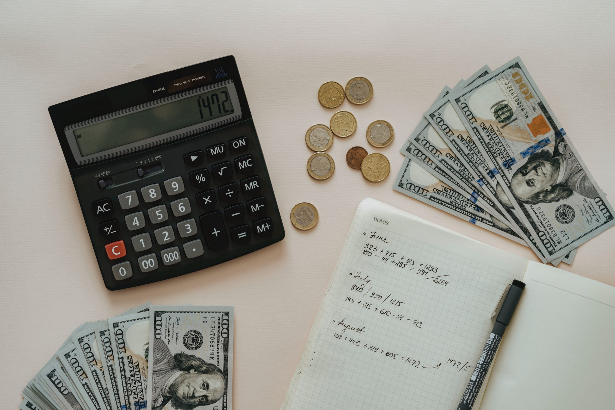 calculator, dollar bills, coins and a notepad on a table